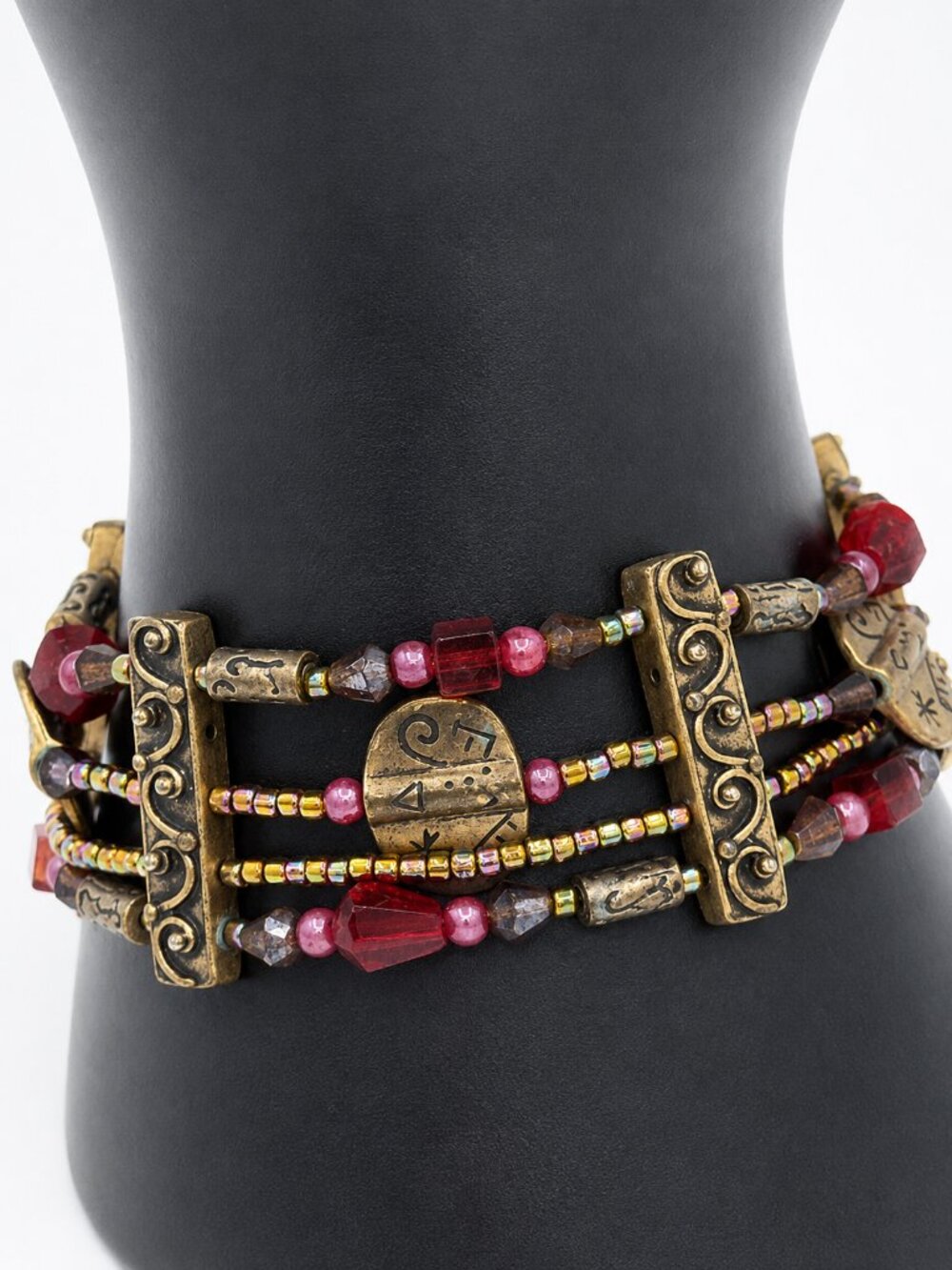 Boho Multi-Strand Beaded Stretch Bracelet Antique Brass Red Crystal Artisan